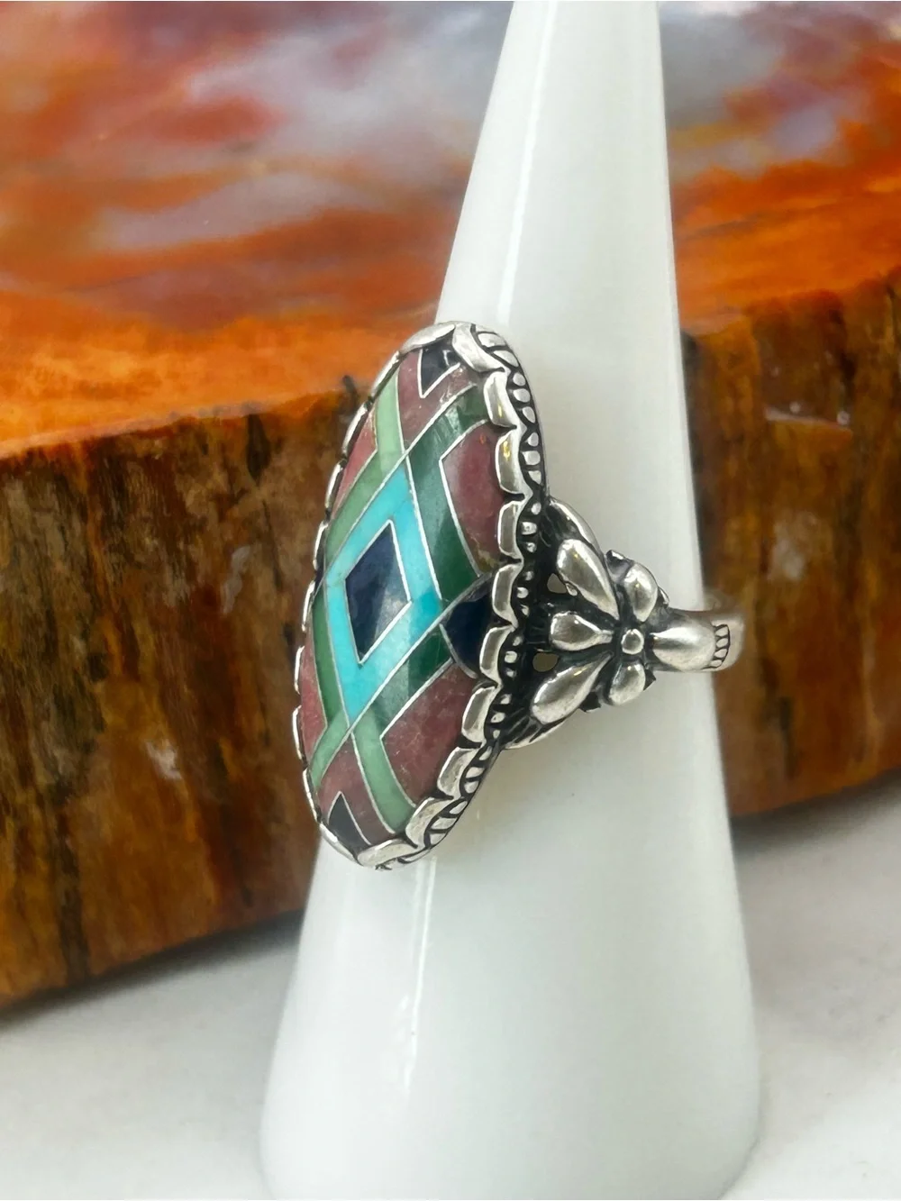 Carolyn Pollack Designer Ring, Southwest Style Sterling Silver w/ stone inlay